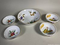 Group of five bowls: one large, four small, displaying size and motif