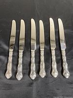 Six matching Birks sterling-handle dinner knives side by side