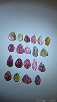 All 20 multicoloured leaf-cut tourmaline gemstones displayed