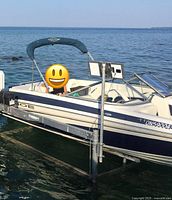 Boat on lift in water showing hull graphics and Bimini
