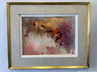 Frontal view of framed painting showing artwork, mat and frame