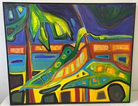 Full frontal view of framed abstract painting