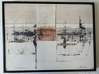 Full view of framed abstract painting showing signature