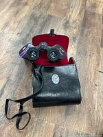 Binoculars partially inside black case showing red interior and strap