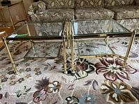 Pair of brass and glass side tables front view showing frames and shelves