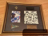 Overall view of framed memorabilia showing pins, photo card, art print and plates within wood frame