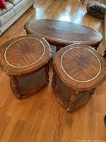 Top view of all three matching tables showing wood grain and inlay