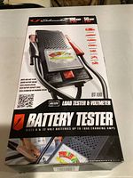 Front of boxed Schumacher BT-100 battery tester showing branding and features