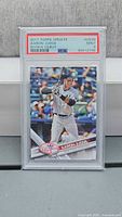 Front view of PSA-encased Aaron Judge 2017 Topps Update Rookie Debut card showing grade label and card image