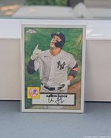 Front view of Aaron Judge 2021 Topps Chrome variation card in protective sleeve