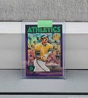 Front view of Reggie Jackson 2021 Topps Platinum Purple /75 card in holder