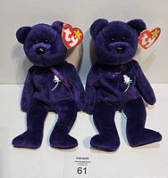 Front view of both purple Ty Princess Diana bears with swing tags visible