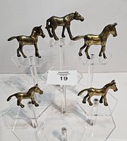 Front view of all five brass horses on acrylic stands