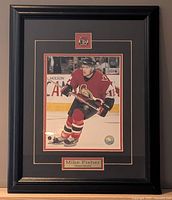 Front view of framed Mike Fisher photograph showing matting, pin, nameplate and frame style
