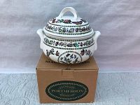 Photo of the covered serving dish on top of original Portmeirion box, showing the full dish with floral and butterfly decoration.