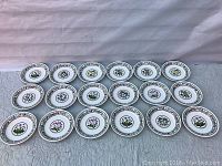 Full set of 20 vintage Portmeirion side plates laid out on a surface, showing a variety of botanical flower designs and green-pink floral borders.