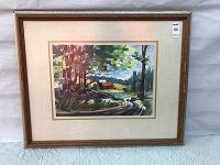 Original watercolor painting in a wooden frame with a mat, showing a rural landscape with a cabin, trees, and a winding path.