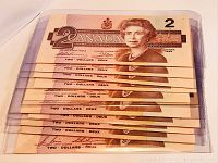 Ten 1986 Canadian 2 dollar bills in clear protective sleeves, showing front side with Queen Elizabeth II's portrait and denomination markings.