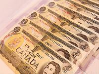 Close up of multiple Canadian one dollar bills in protective sleeves showing front side with serial numbers.