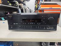 Front panel of Onkyo TX-SR506 receiver showing display, controls and front inputs