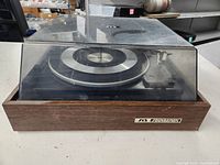 Front view of Sound Design turntable with dust cover closed