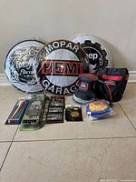 All items grouped showing tire covers, buffer, pouch, accessories