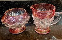 front view of creamer and sugar bowl showing ruby flash and pattern