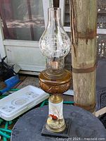 Full view of kerosene lamp showing base, column, font and chimney
