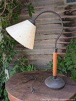 Full view of lamp showing metal base, teak stem, gooseneck arm, parchment shade, cord