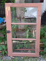Full view of painted pine 3-pane window showing hardware and overall condition