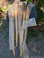 Five packaged bamboo tiki torches on surface