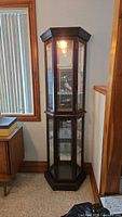 Full view of the dark wood curio cabinet showing hexagonal shape, glass panels and internal light