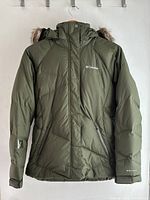 Front view of dark green Columbia Omni-Heat jacket with hood attached