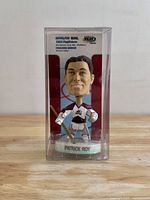 Front view of sealed Patrick Roy bobblehead in packaging