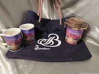 Group shot of tote, canister, and two mugs