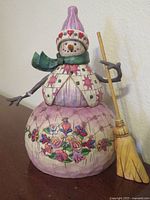 Front view of Jim Shore Winter's Warmth snowman figurine showing broom, hat, scarf and quilted base