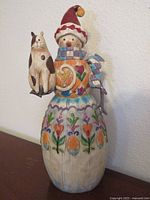 Front view of resin snowman figurine with cat, showing overall design and painted details
