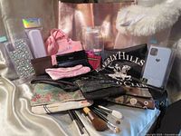 Group shot showing all phone cases, brushes, bags, pouches