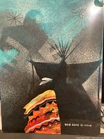 Full view of painting showing thunderbird silhouette, colourful blanket motif and signature