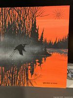 Full view of acrylic illustration showing heron, trees, reflection, signature