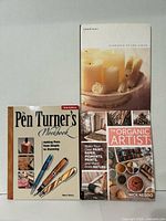 Front covers of three craft books on pen turning, organic art, and candle making