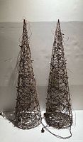 Two grapevine cone trees with string lights and power cords visible