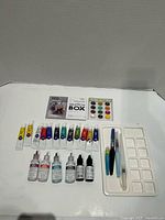 All watercolour paints, palette, brushes and paper pad laid out