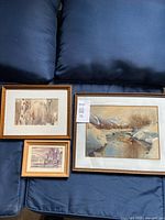 All three framed watercolours on sofa