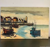 Front view showing full painting with boats, village and lighthouse