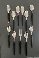 All 11 pieces laid out: 10 spoons, 1 fork