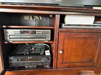 Cabinet view showing Technics CD changer, Yamaha receiver, Panasonic DVD player