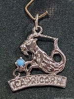 Front view of silver Capricorn pendant with blue bead and CAPRICORN text