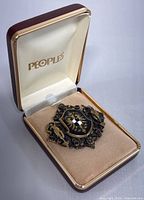 Brooch in open Peoples box showing overall design and scale