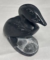 front angled view of soapstone duck sculpture
